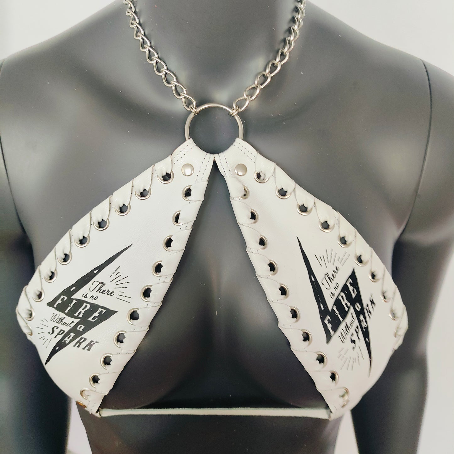 Gothic Black Lightning Print White Vinyl Vampira Cross Top Bra