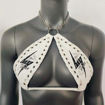 Gothic Black Lightning Print White Vinyl Vampira Cross Top Bra