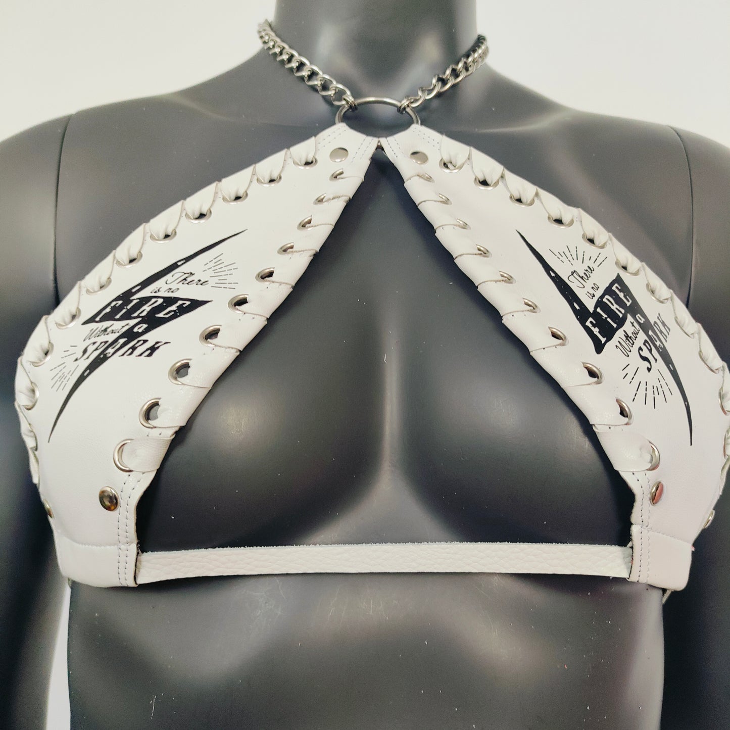 Gothic Black Lightning Print White Vinyl Vampira Cross Top Bra