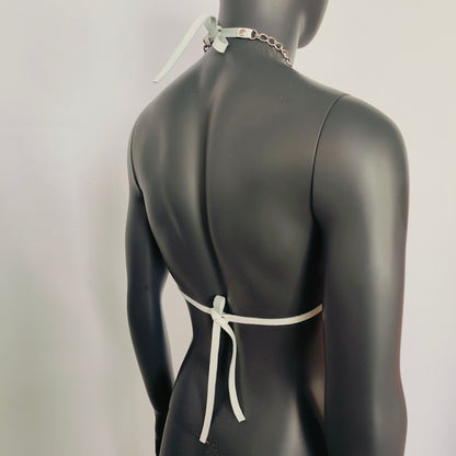 Gothic Black Tai Chi Print White Vinyl Vampira Cross Top Bra