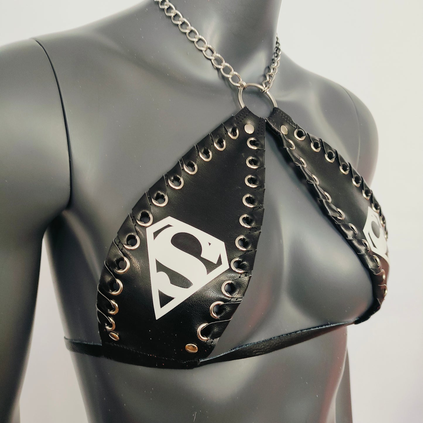 Gothic White Superman Print Black Vinyl Vampira Cross Top Bra