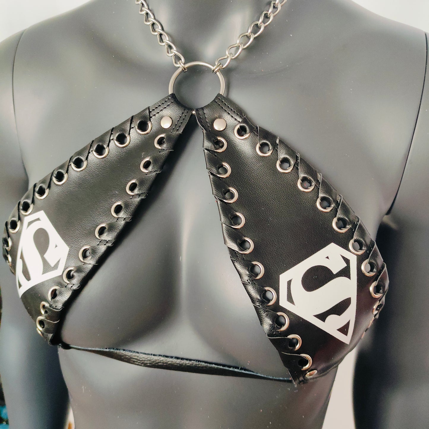 Gothic White Superman Print Black Vinyl Vampira Cross Top Bra