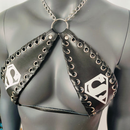 Gothic White Superman Print Black Vinyl Vampira Cross Top Bra