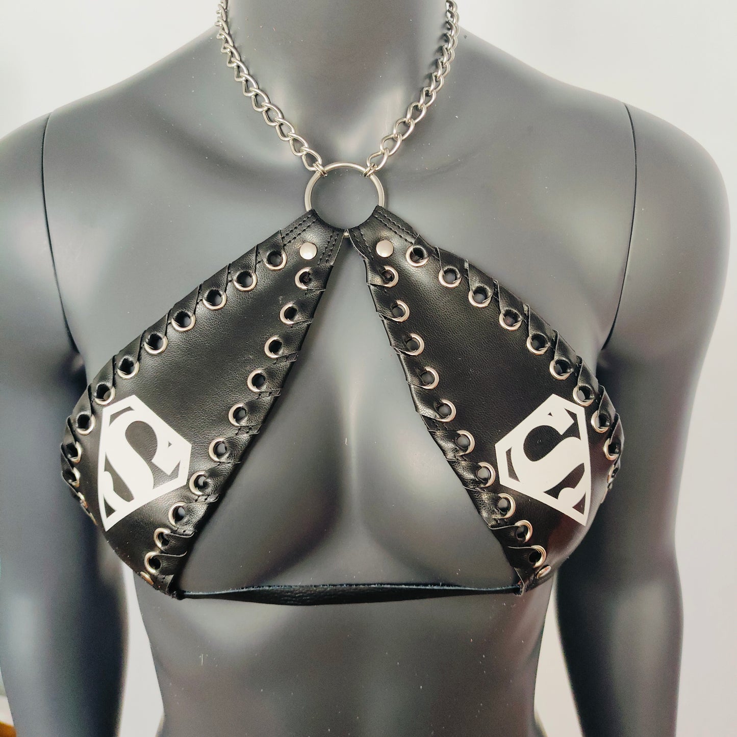 Gothic White Superman Print Black Vinyl Vampira Cross Top Bra