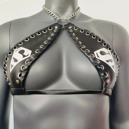 Gothic White Superman Print Black Vinyl Vampira Cross Top Bra