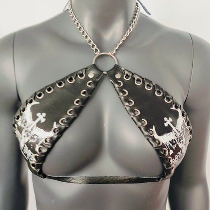 Gothic White Bull Head Skull Print Black Vinyl Vampira Cross Top Bra