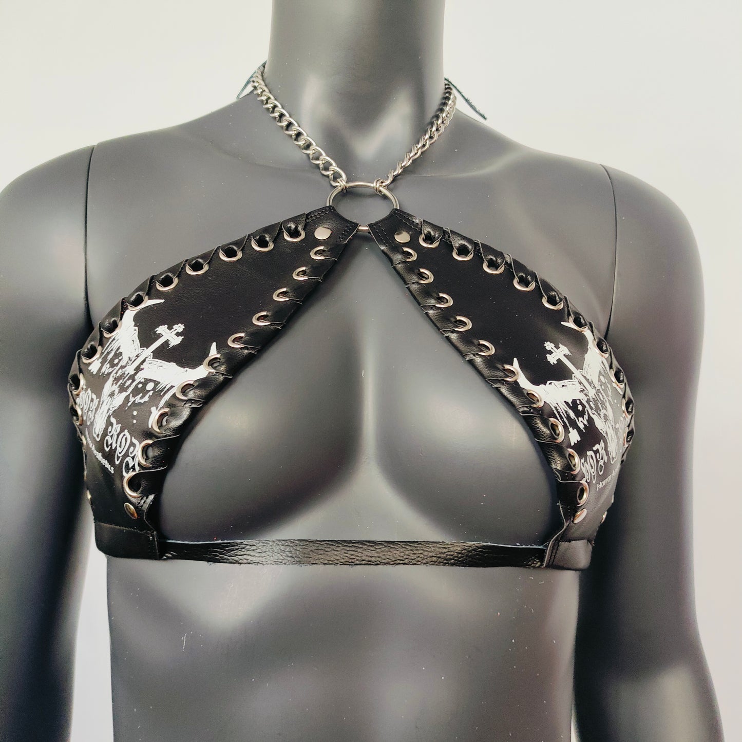 Gothic White Bull Head Skull Print Black Vinyl Vampira Cross Top Bra