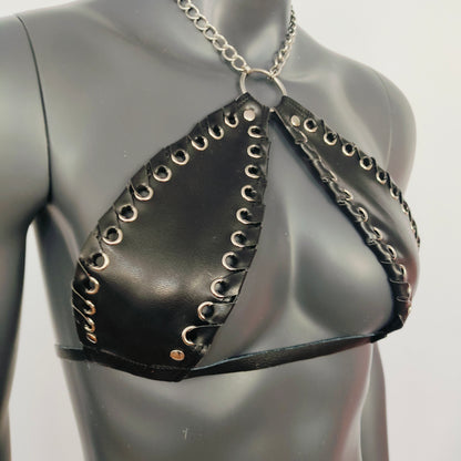 Gothic Black Vinyl Vampira Cross Top Bra