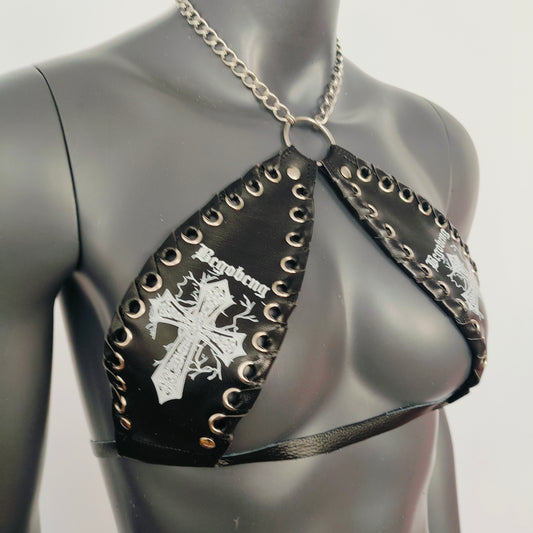 Gothic White Cross Print Black Vinyl Vampira Cross Top Bra