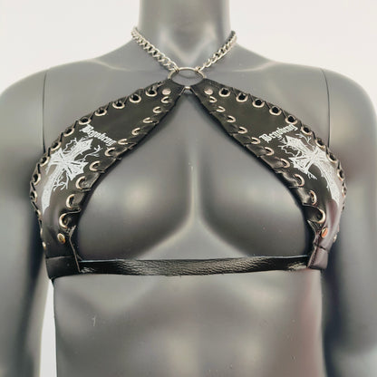 Gothic White Cross Print Black Vinyl Vampira Cross Top Bra