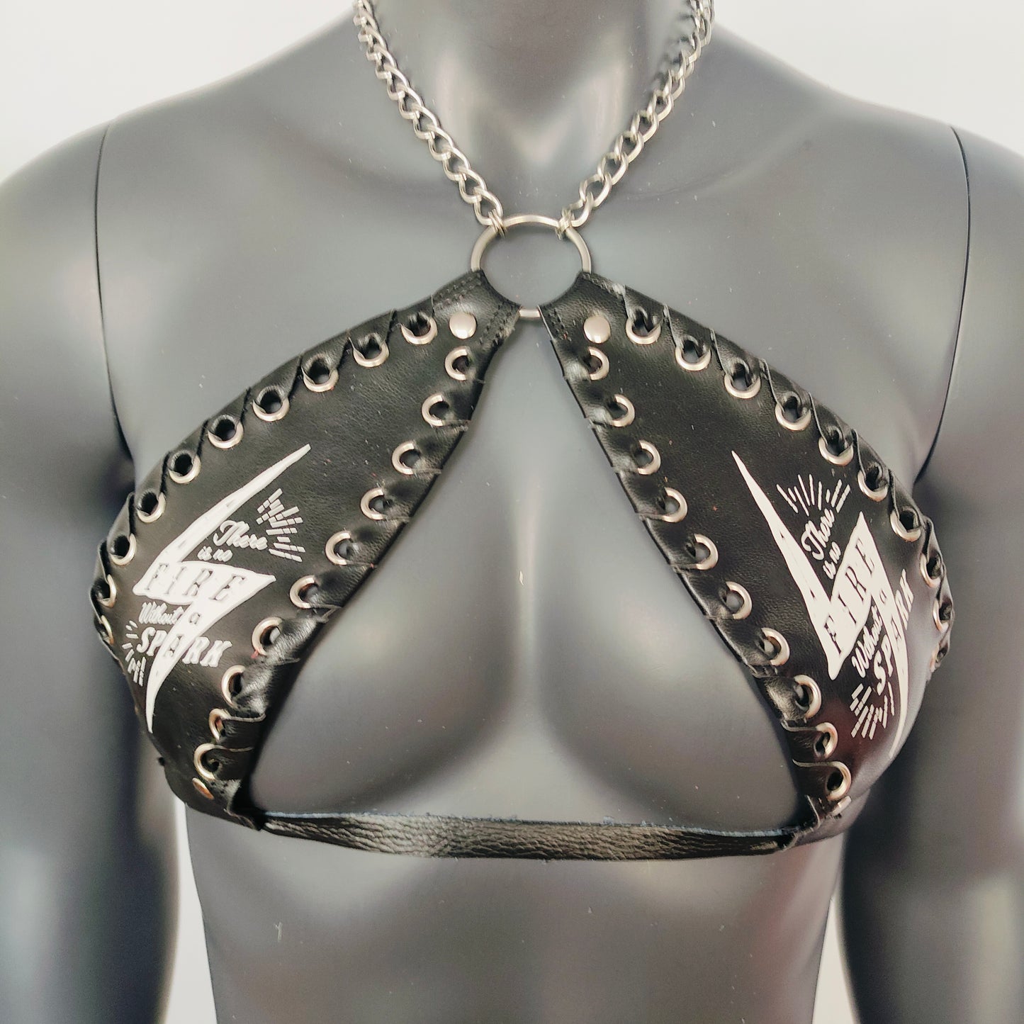 Gothic White Lightning Print Black Vinyl Vampira Cross Top Bra