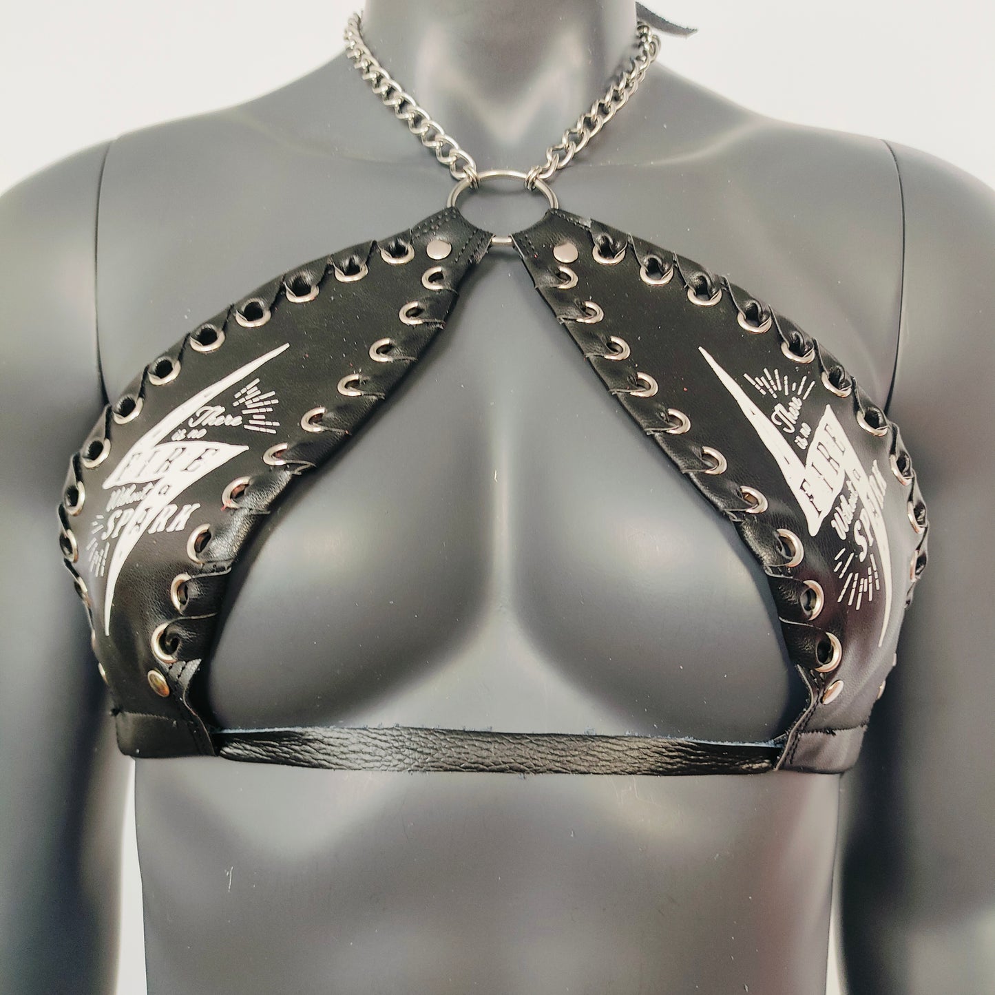 Gothic White Lightning Print Black Vinyl Vampira Cross Top Bra