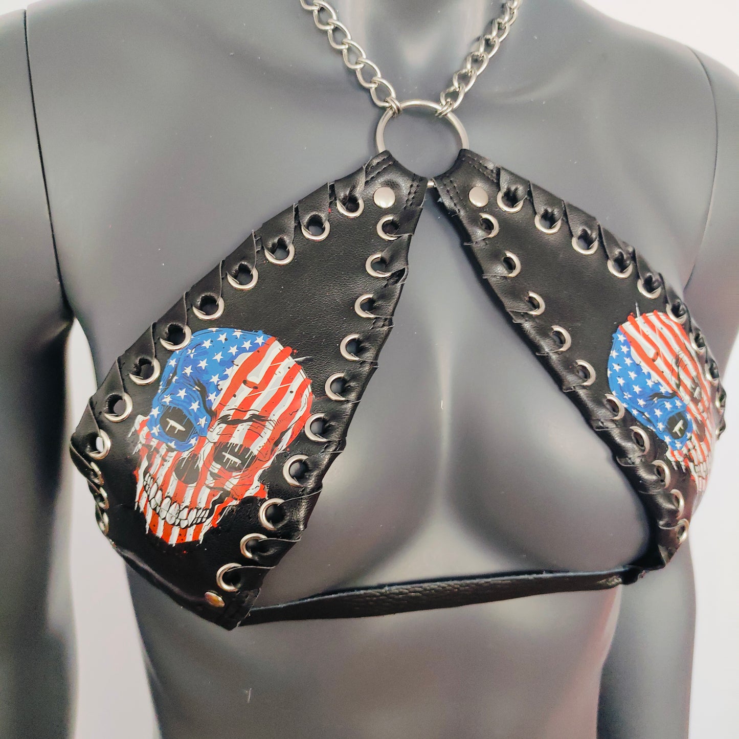 Gothic Stars and Stripes Skull Print Black Vinyl Vampira Cross Top Bra