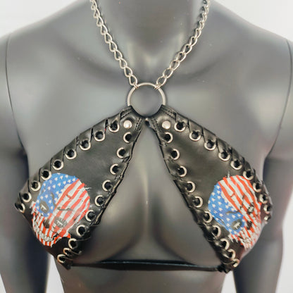 Gothic Stars and Stripes Skull Print Black Vinyl Vampira Cross Top Bra