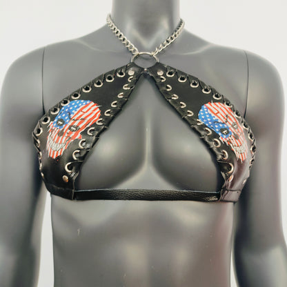 Gothic Stars and Stripes Skull Print Black Vinyl Vampira Cross Top Bra