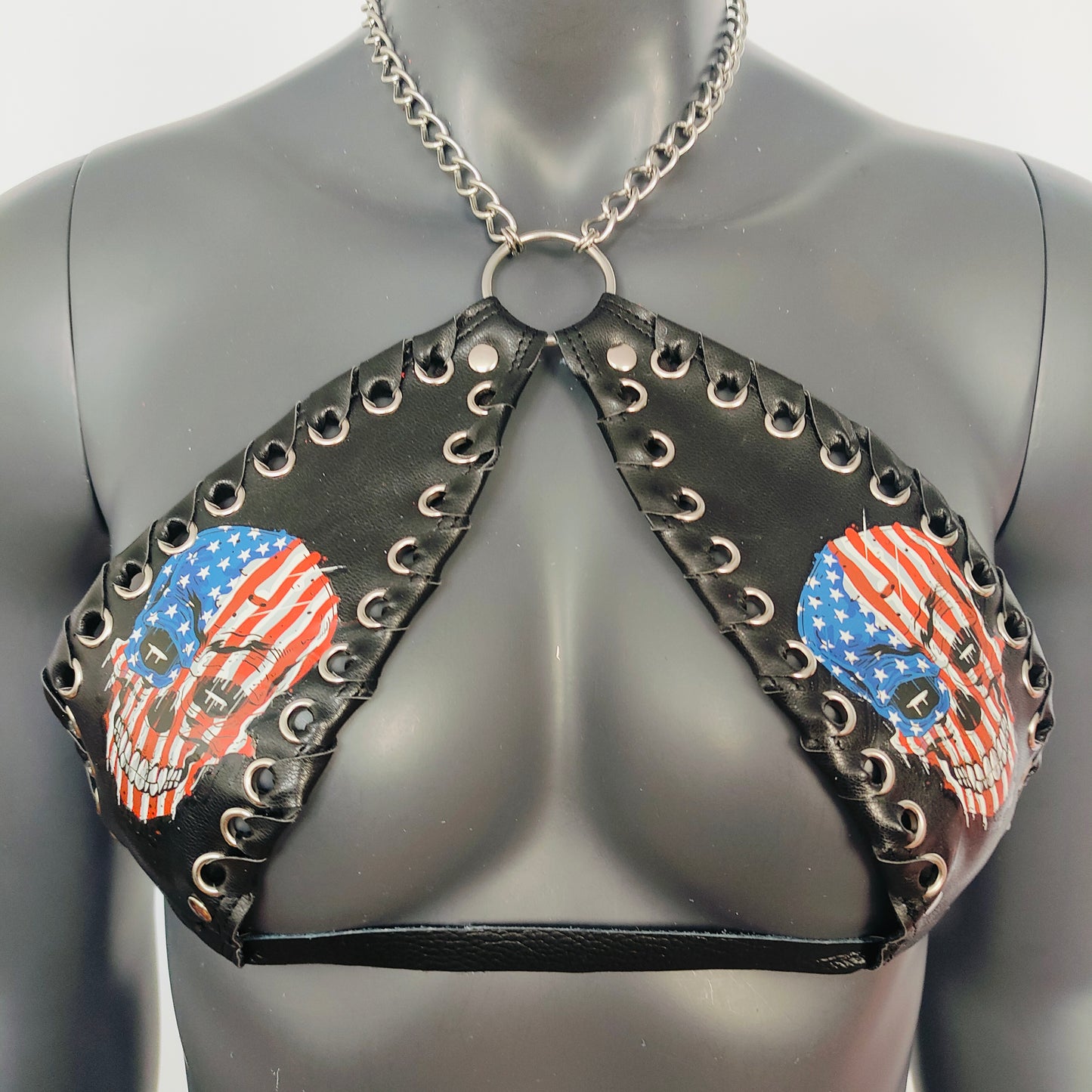 Gothic Stars and Stripes Skull Print Black Vinyl Vampira Cross Top Bra