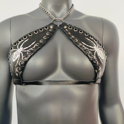 Gothic White Spider Print Black Vinyl Vampira Cross Top Bra