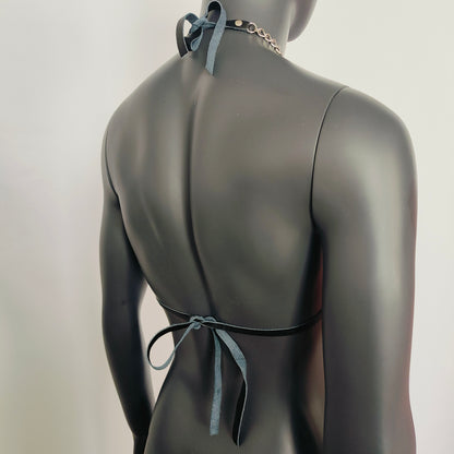 Gothic White Lightning Print Black Vinyl Vampira Cross Top Bra