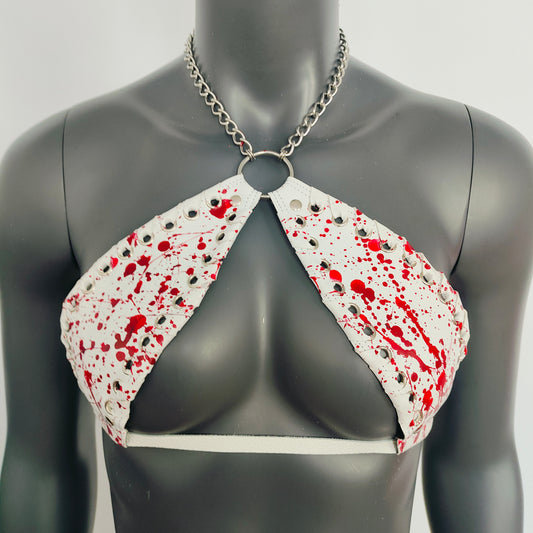 Gothic White Vinyl Vampira - Blood Splatter Cross Top Bra