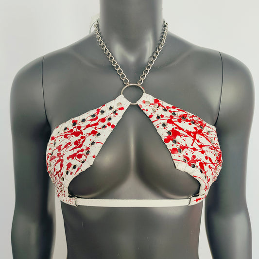 Gothic Vinyl White Vampira - Blood Splatter Cross Top Bra