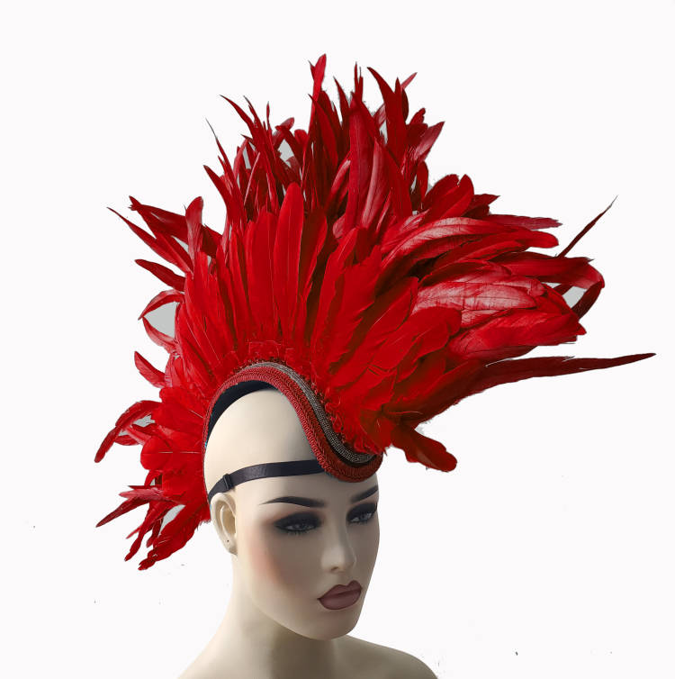 Rot – Rave-Feder-Mohawk, Burning Man-Feder-Mohawk, Statement-Feder-Mohawk, Statement-Kopfbedeckung, Performance-Kopfbedeckung, Statement-Kopfbedeckung