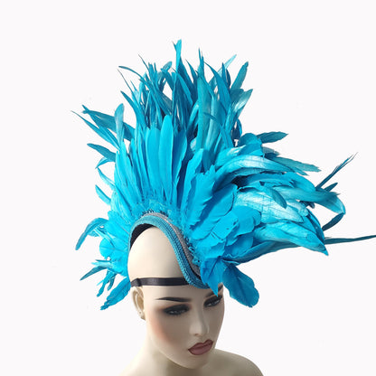 Sky Blue - Rave Feather Mohawk, Burning Man Feather Mohawk, Statement Feather Mohawk, Statement Headwear, Performance Headwear, Statement Headpiece