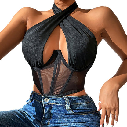 Women's Summer Spliced Perspective Mesh Halter Neck Strap Wrapped Breast Hot Girl Bustier