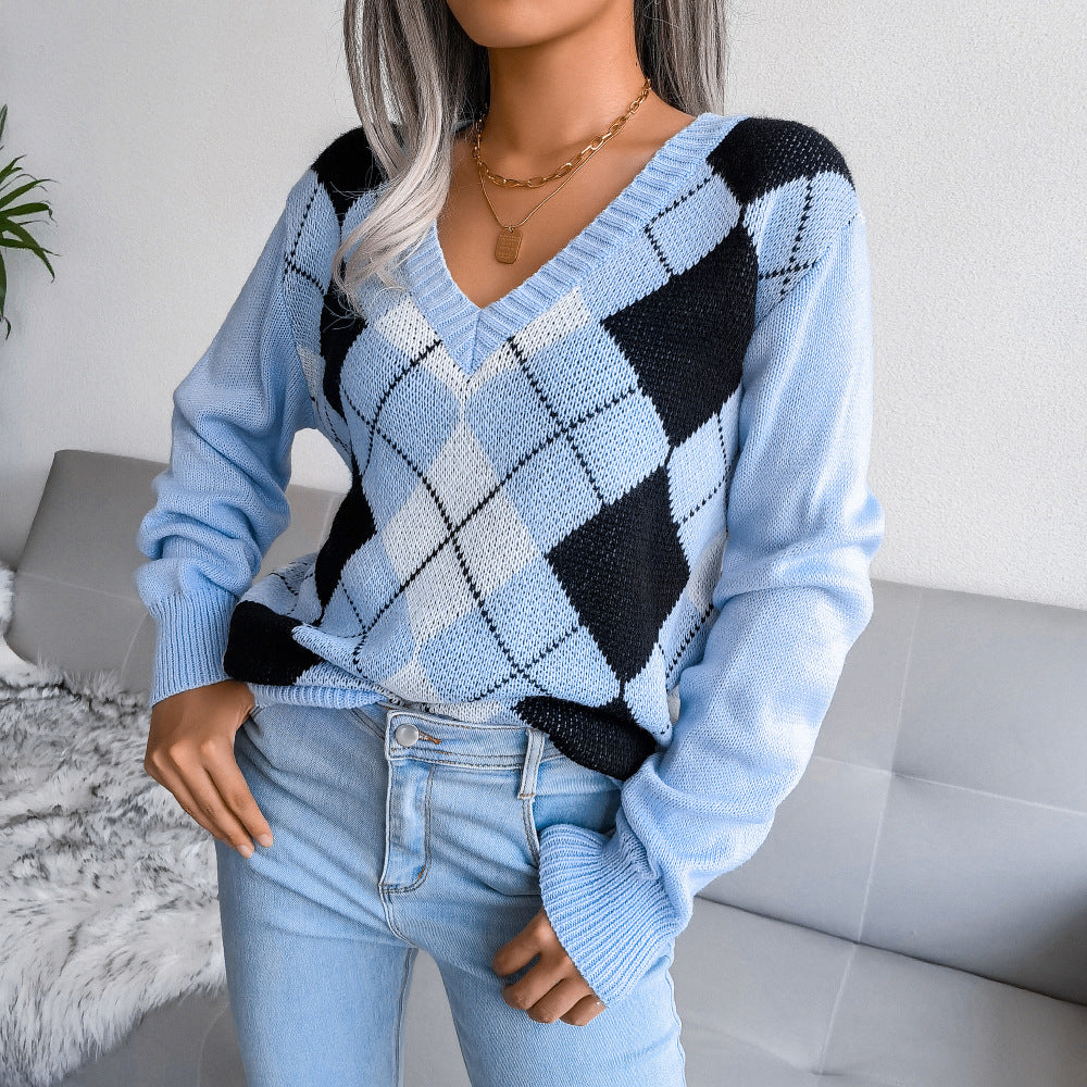 Autumn and Winter College Style Diamond Plaid Long-sleeved V-neck Casual Sweater for Women