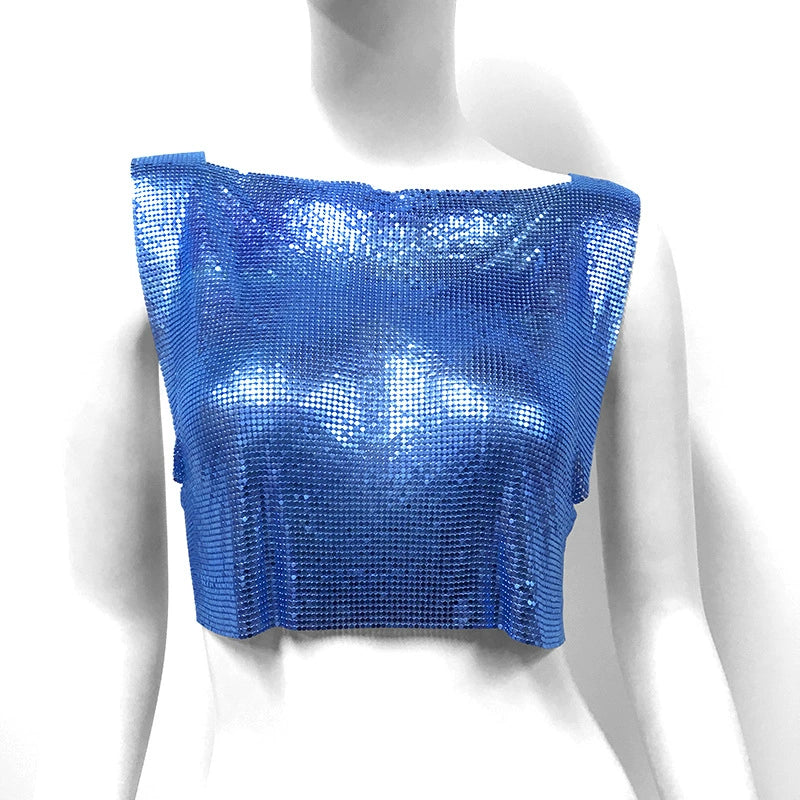 Blue Metallic Sequin Top Rave Vest Music Festival Camisole