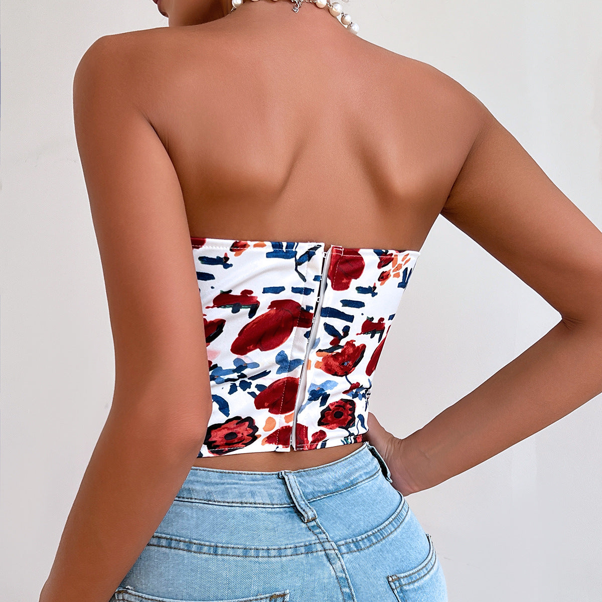 Sexy Hot Girl Low-cut Printed Flower Wrap Top Women Bustier