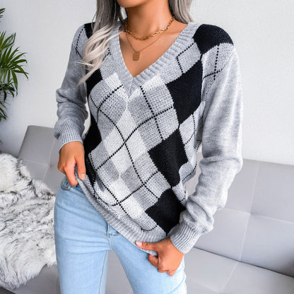 Autumn and Winter College Style Diamond Plaid Long-sleeved V-neck Casual Sweater for Women