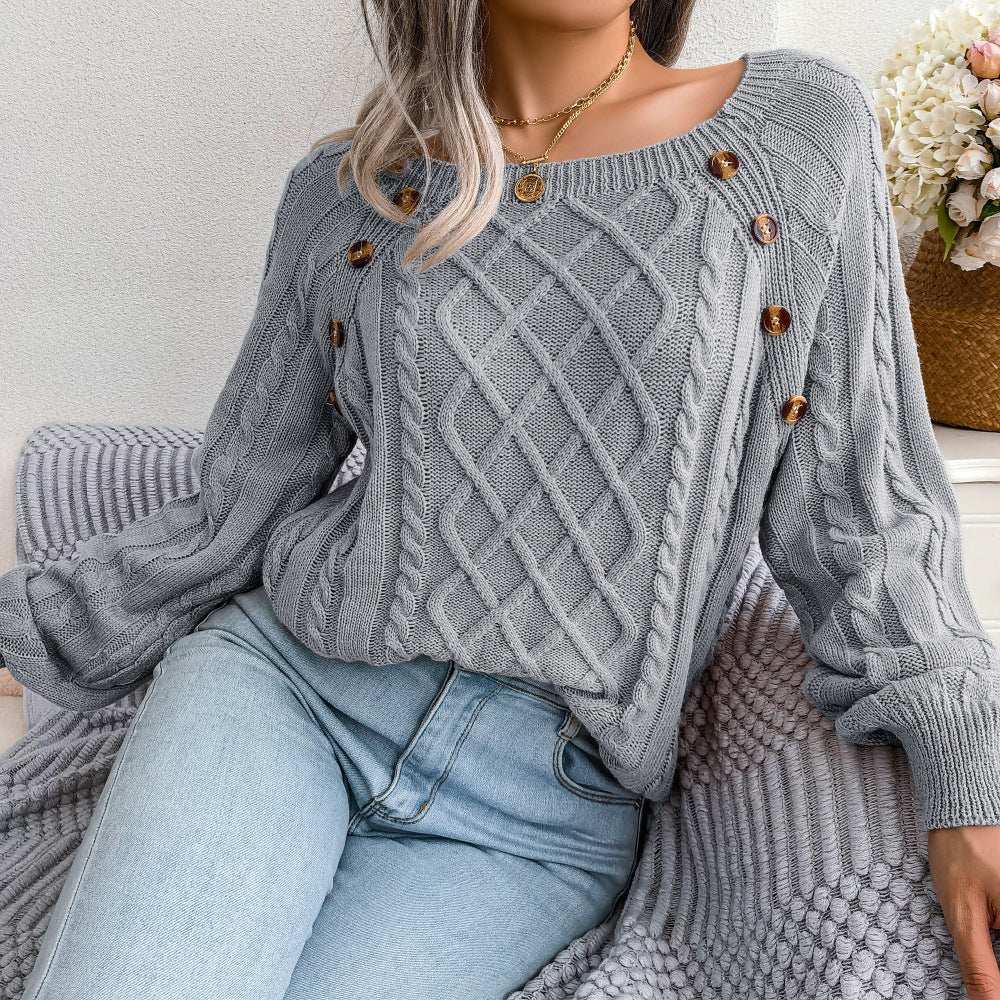 Autumn and Winter Casual Square Collar Decorative Button Twist Knitted Pullover Sweater for Women