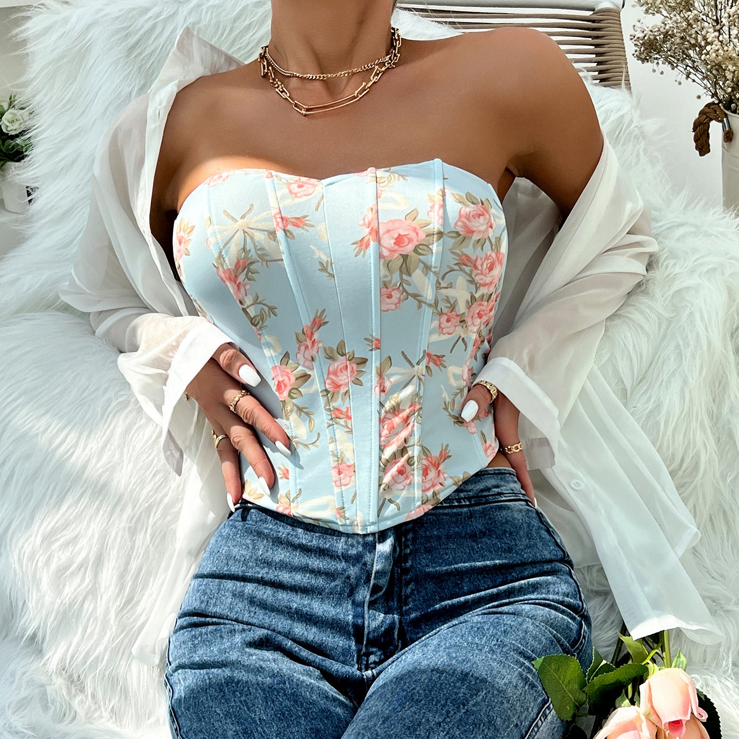 Sexy Hot Girl Low-cut Printed Flower Wrap Top Women Bustier