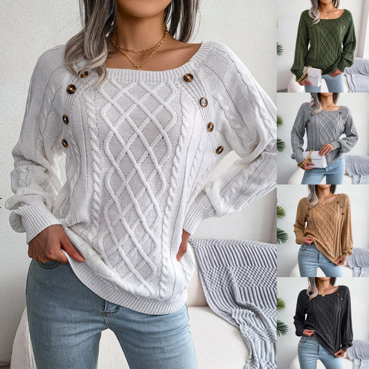 Autumn and Winter Casual Square Collar Decorative Button Twist Knitted Pullover Sweater for Women