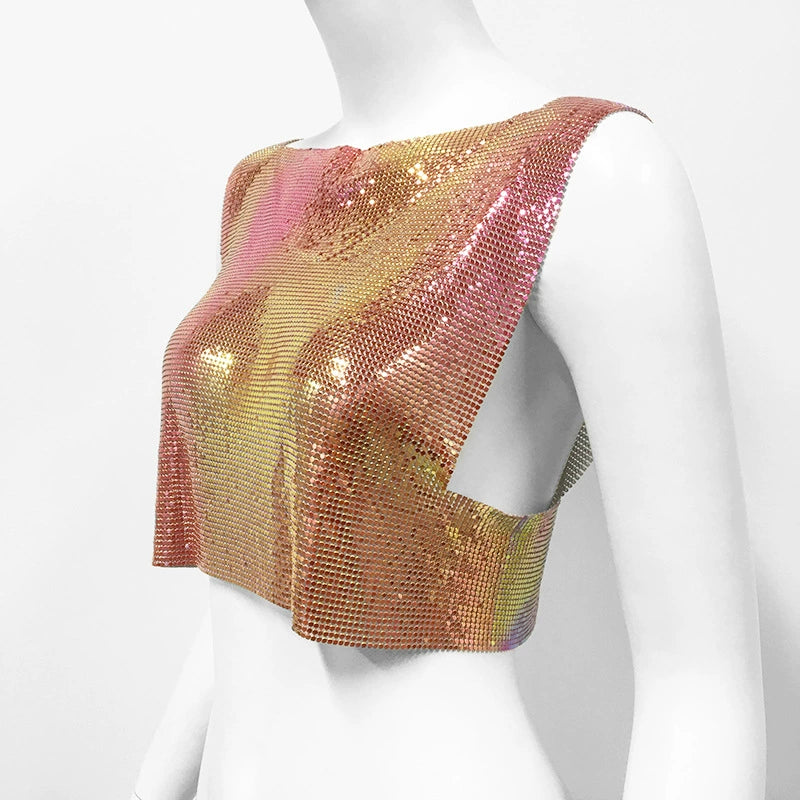 Holographic Red Metallic Sequin Top Rave Vest Music Festival Camisole