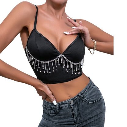 Été femmes V profond coupe basse strass gland gilet fille chaude haut sexy Bustier 