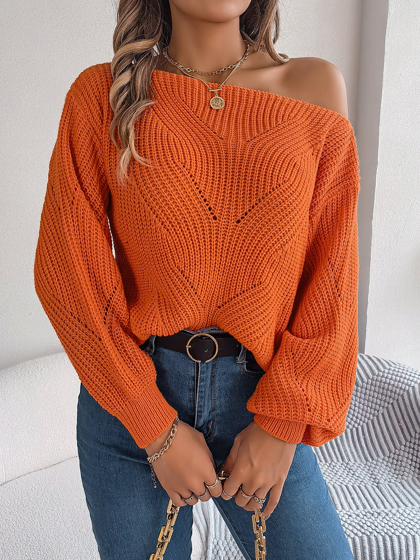 Autumn and Winter Casual Hollowed-out Off-shoulder Lantern Long-sleeved Sweater for Women