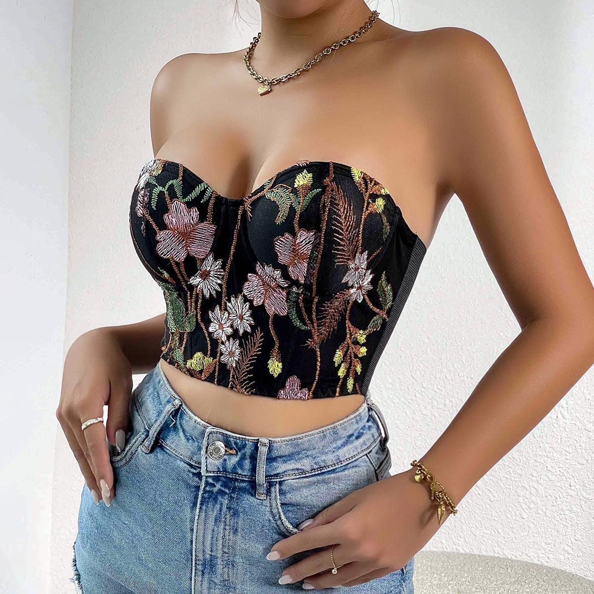 Sexy Low-cut Navel-baring Embroidered Crop Top Bustier for Women