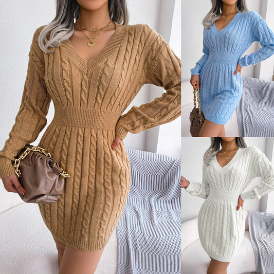 Autumn and Winter Fashionable Waist-hugging Twisted Hip-wrapped Long-sleeved Sweater Dress for Women