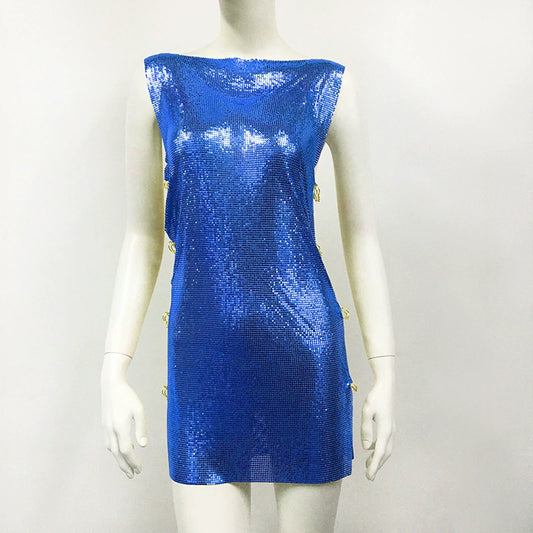 Women's Blue Metallic Sequin Rave Pin High Slit Dress Party Evening Dress