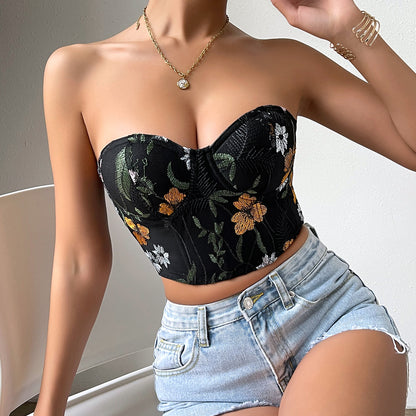 Sexy Low-cut Navel-baring Embroidered Crop Top Bustier for Women