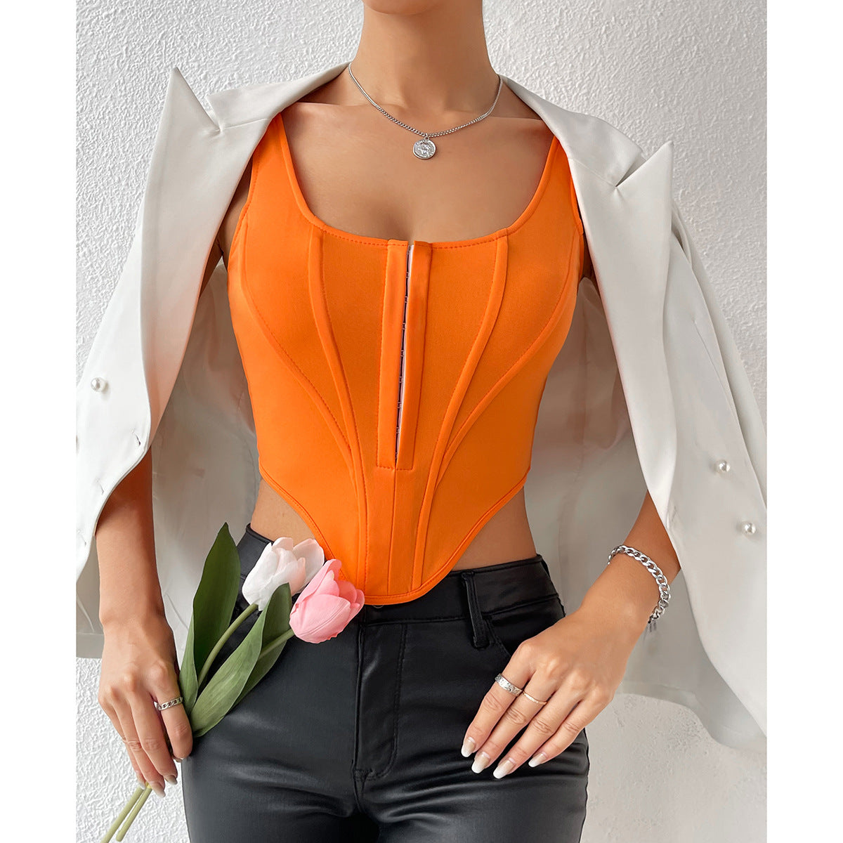 Hot Girl Sexy Backless Orange Color Camisole Bustier Women's Top