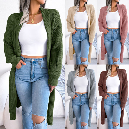 Autumn and Winter Casual Lapel Long Cardigan Long-sleeved Sweater Coat for Women