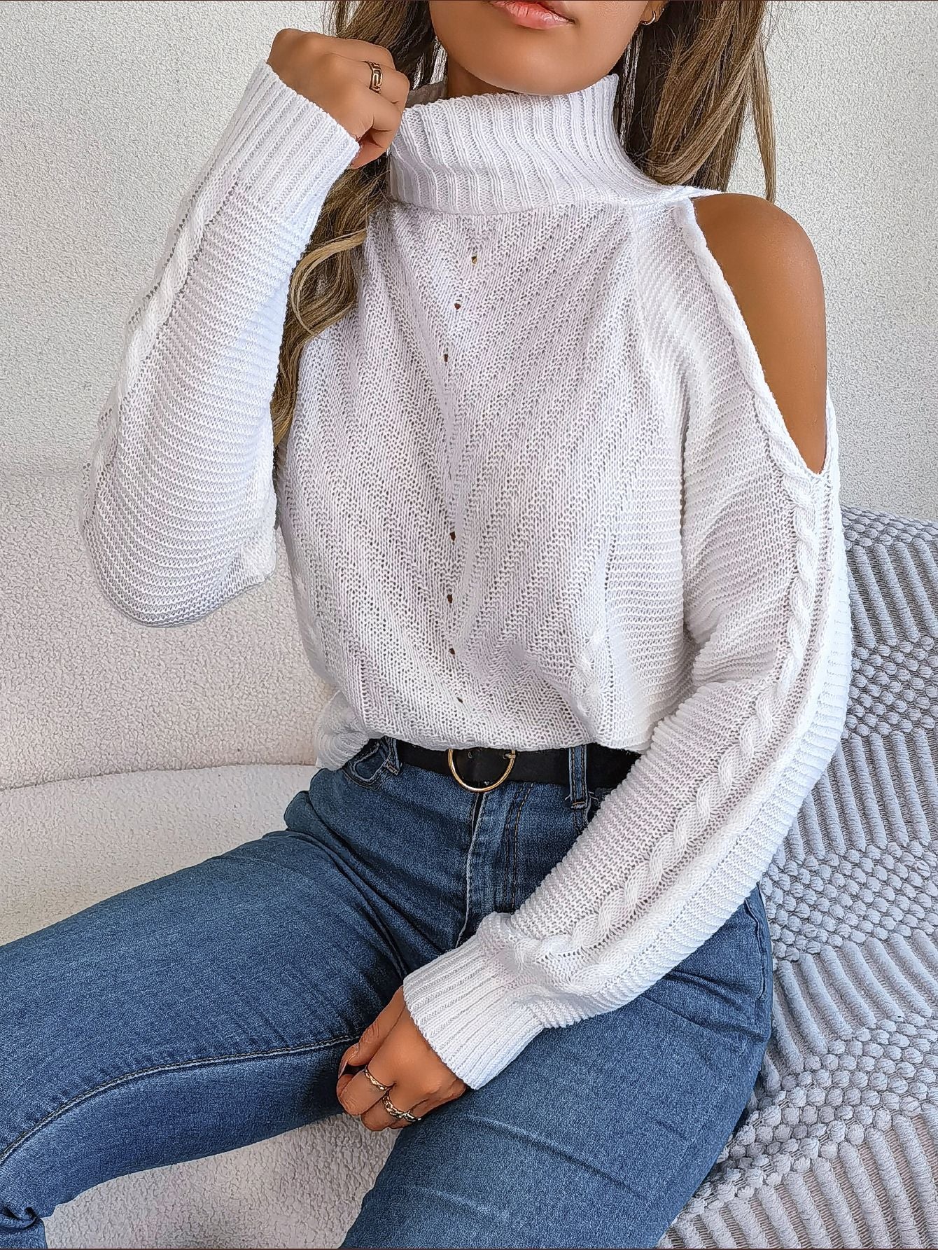 Autumn and Winter Casual Off-shoulder High-neck Hollow Long-sleeved Knitted Pullover Sweater for Women