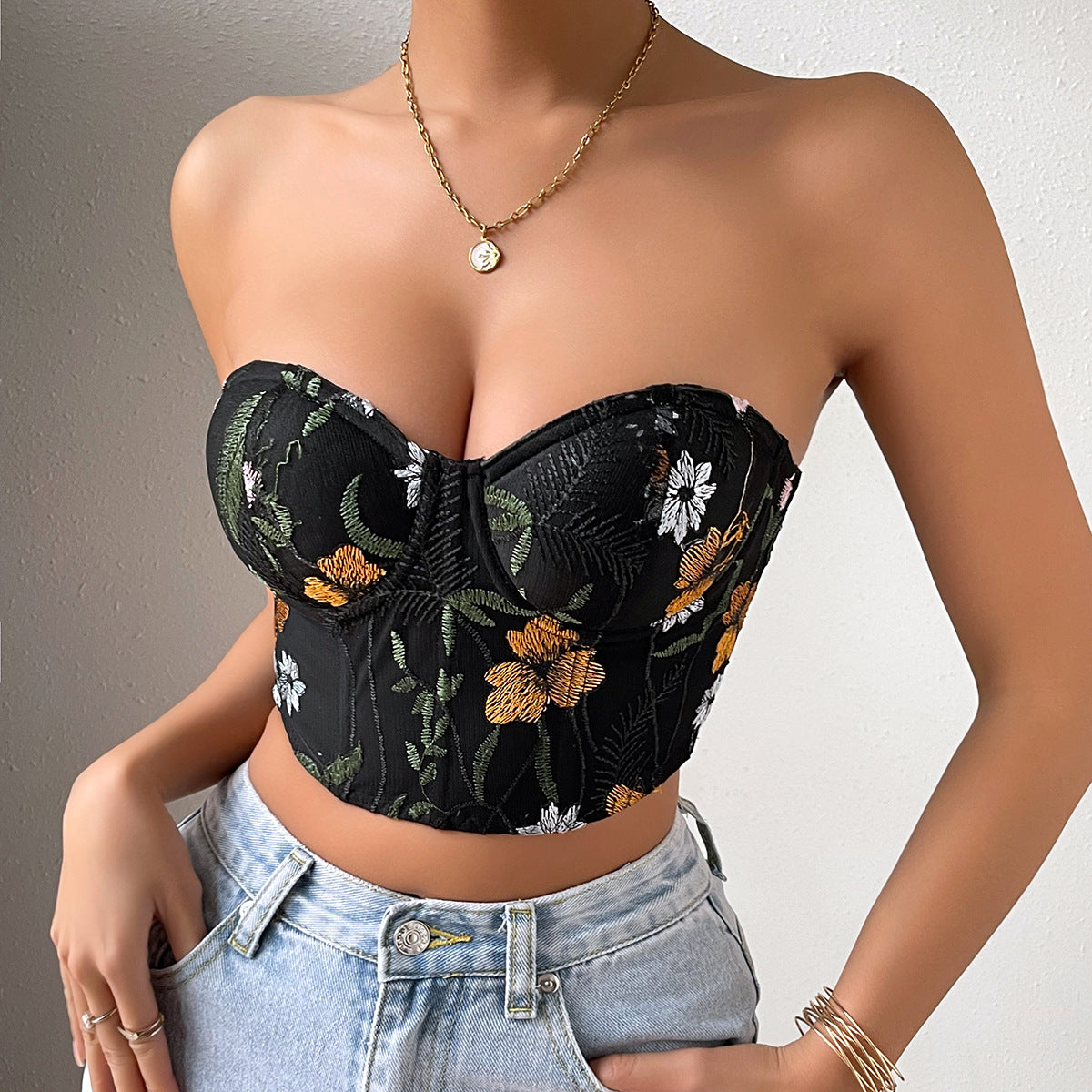 Sexy Low-cut Navel-baring Embroidered Crop Top Bustier for Women