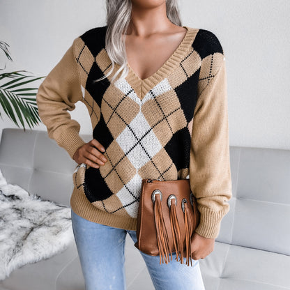 Autumn and Winter College Style Diamond Plaid Long-sleeved V-neck Casual Sweater for Women