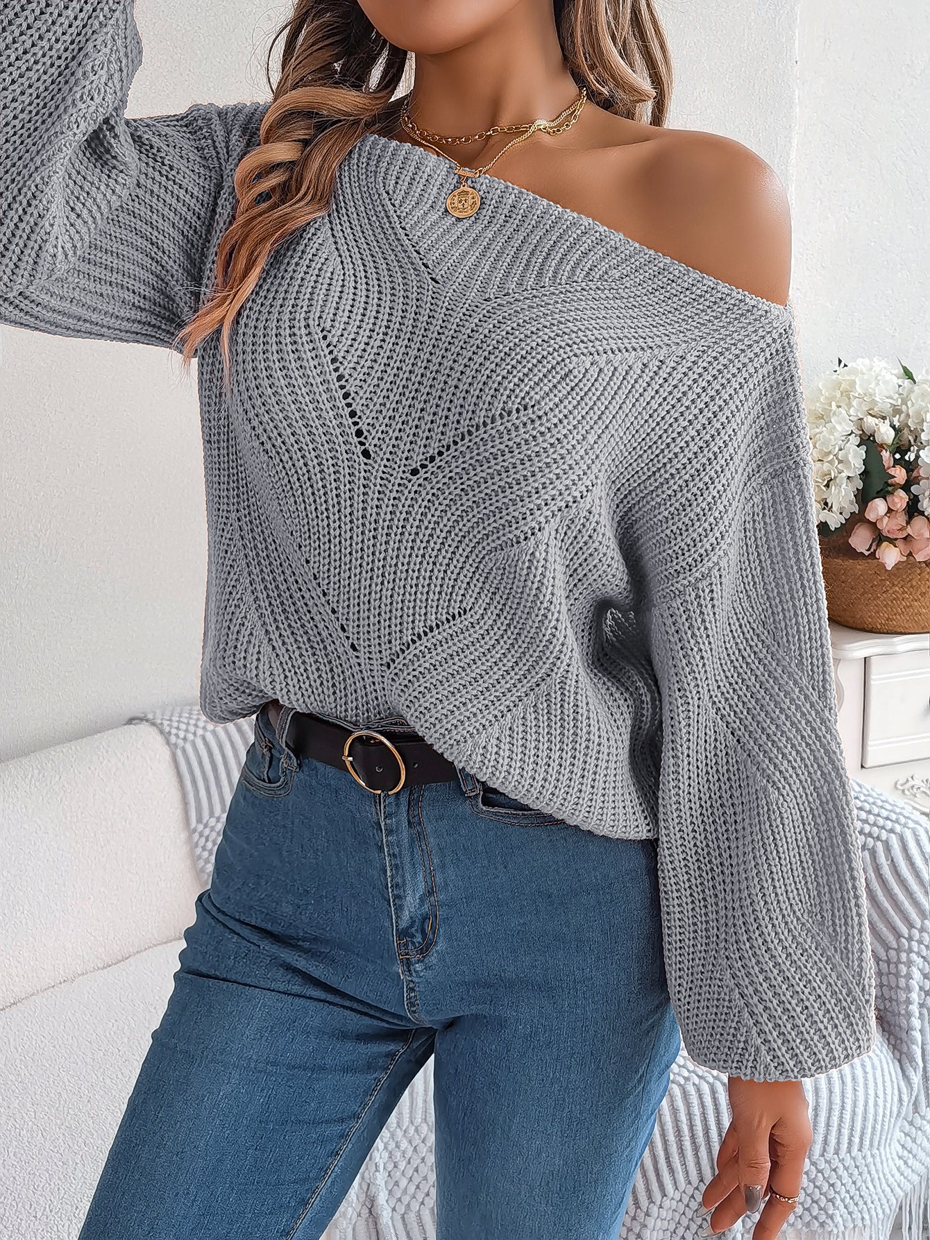 Autumn and Winter Casual Hollowed-out Off-shoulder Lantern Long-sleeved Sweater for Women