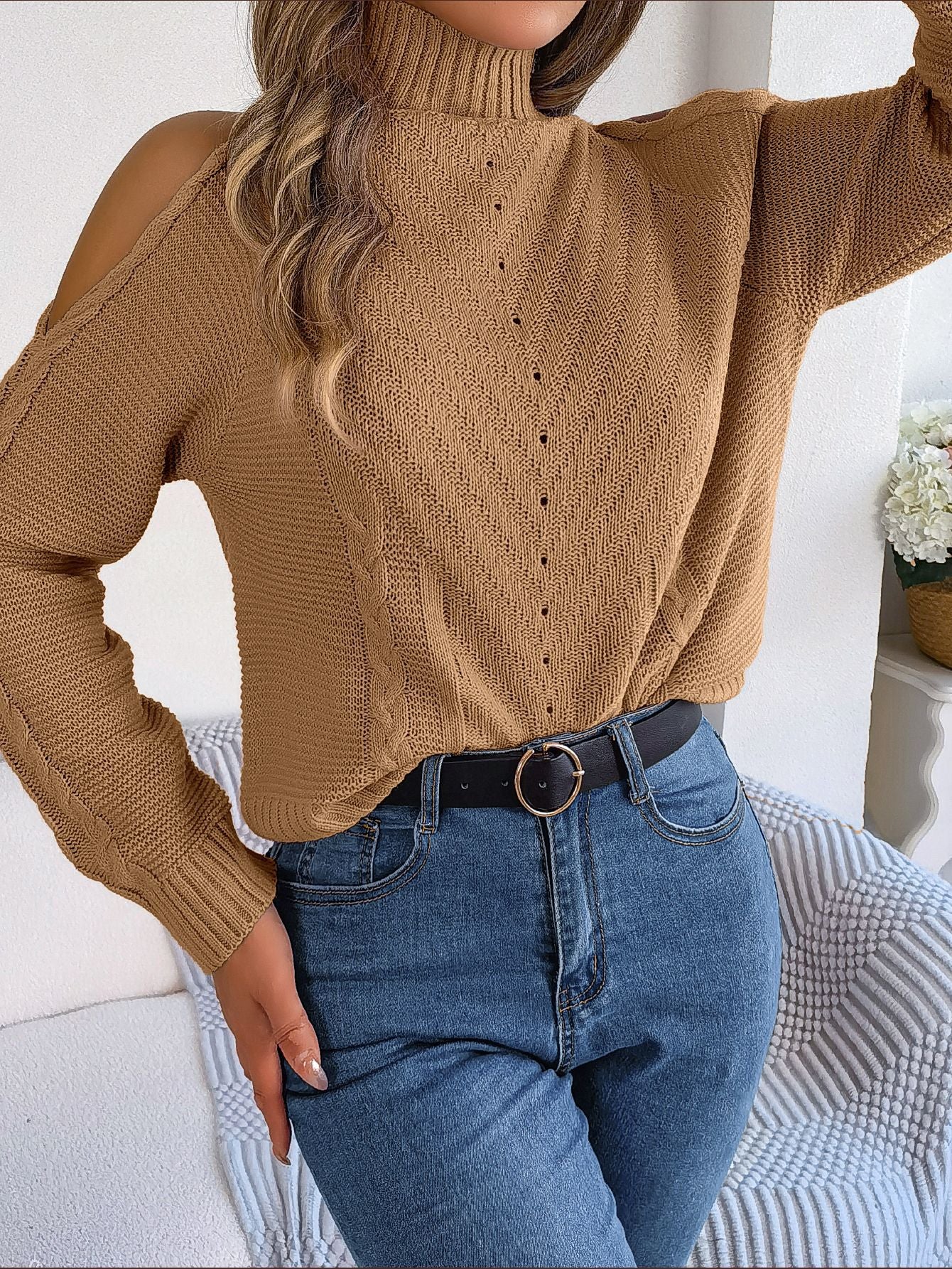 Autumn and Winter Casual Off-shoulder High-neck Hollow Long-sleeved Knitted Pullover Sweater for Women