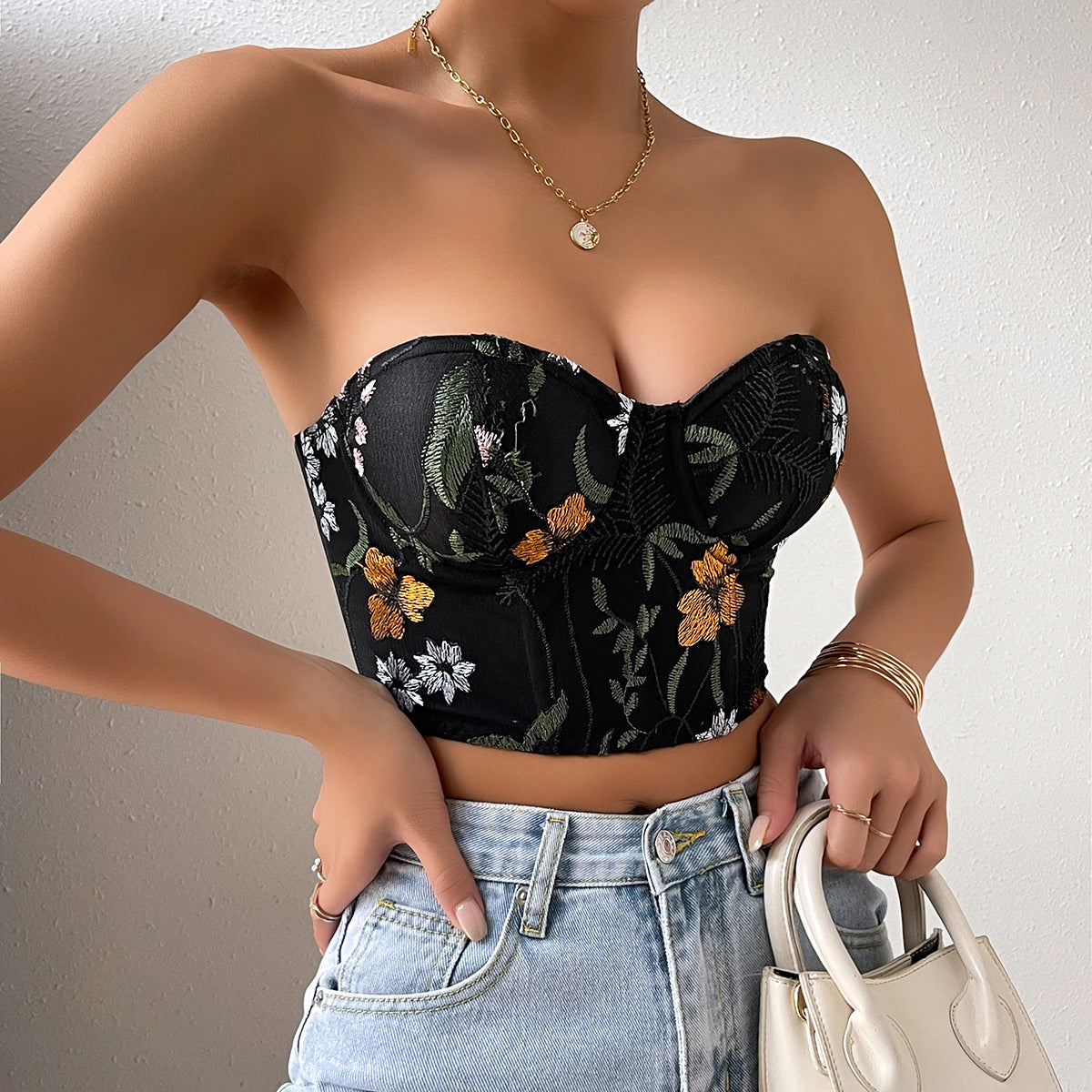 Sexy Low-cut Navel-baring Embroidered Crop Top Bustier for Women