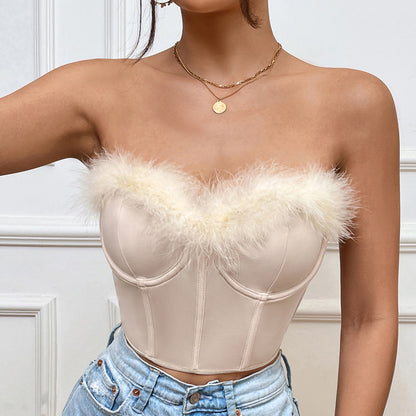 Women's Sexy Low Cut Short Feather Top Bustier